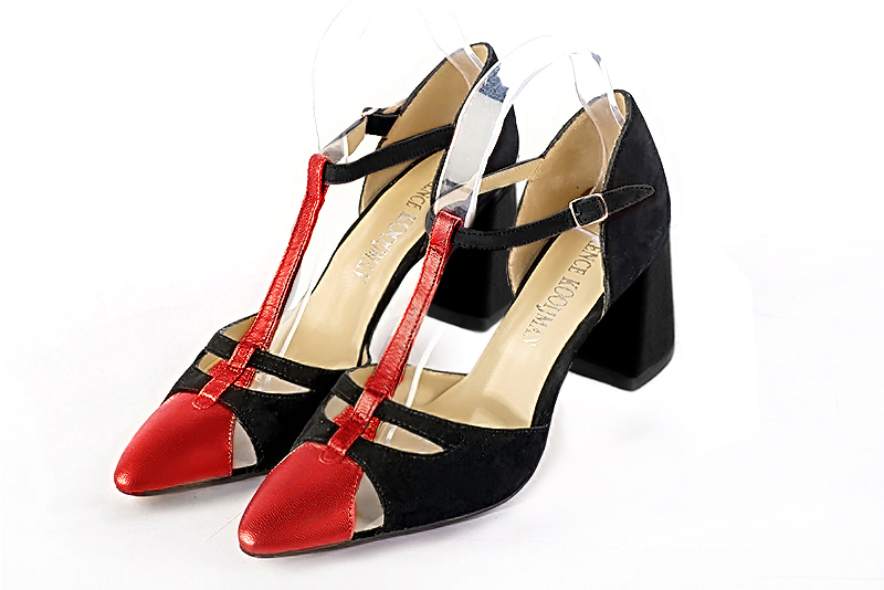 Scarlet red and matt black women's T-strap open side shoes. Tapered toe. Medium flare heels. Front view - Florence KOOIJMAN